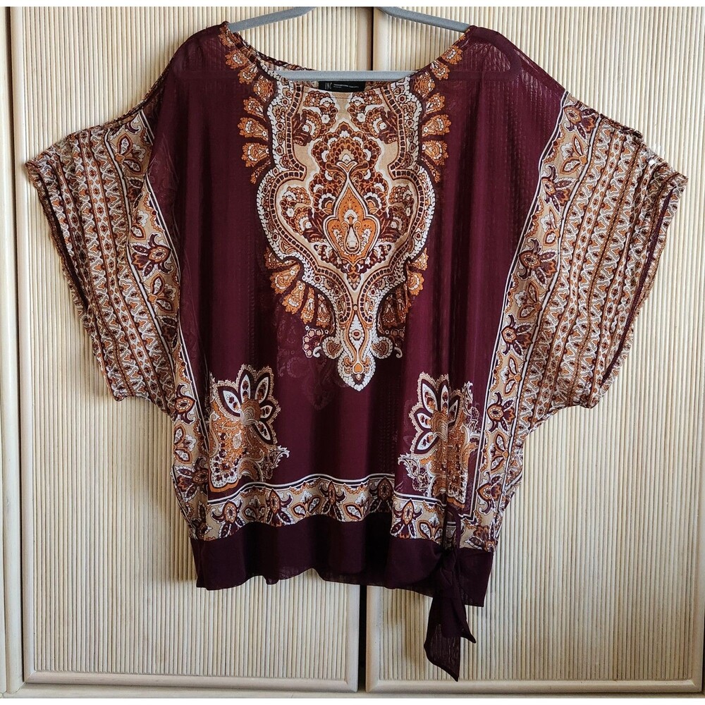 INC Women's Blouse Size 2X Burgundy Sheer Floral Boho Flattering Cold Shoulder